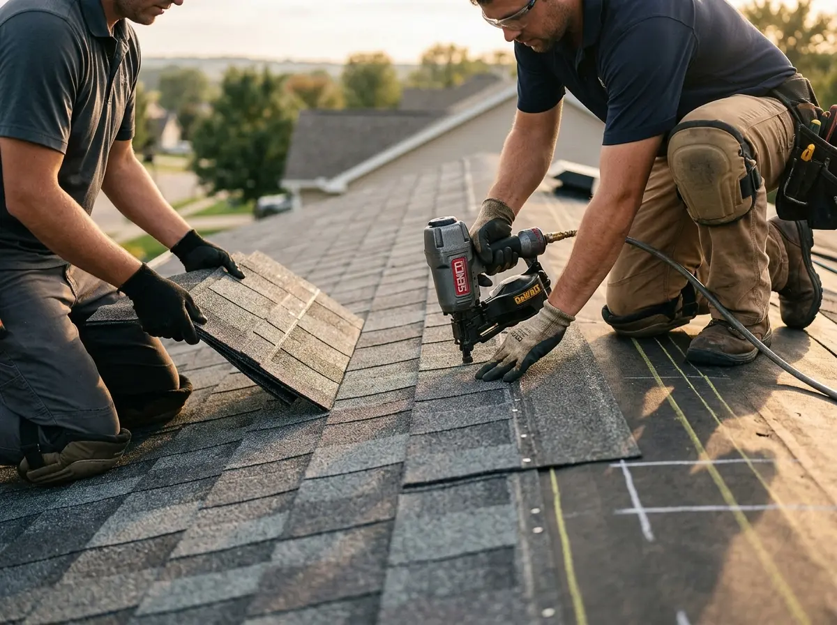 Professional roofer working on a residential roof in Poinciana